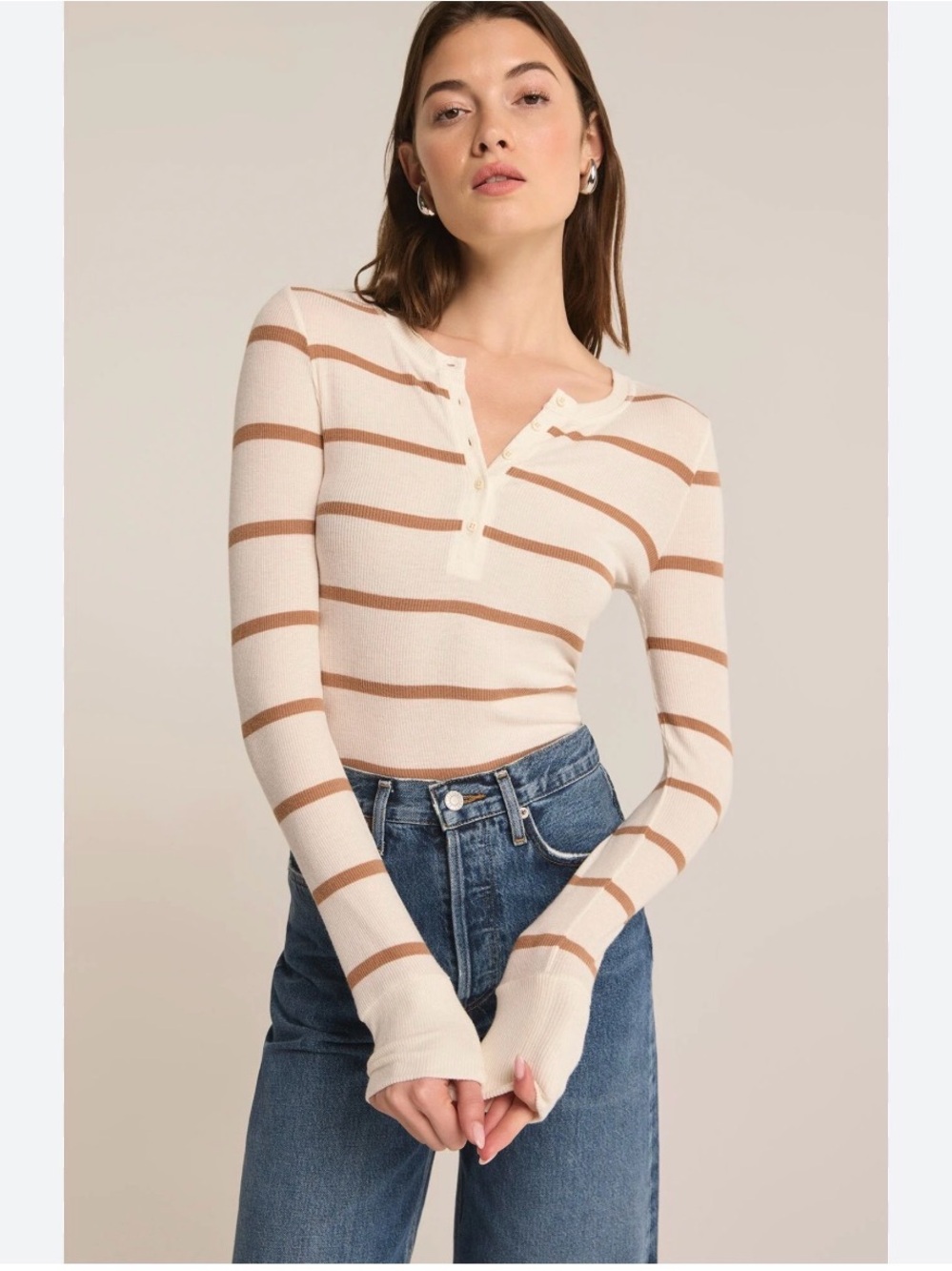 Z Supply Striped Henley Long Sleeve Top in Cream and Tan